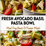 Close-up of Avocado Basil Chicken Pasta Salad with diced tomato and sliced avocado in a white bowl.